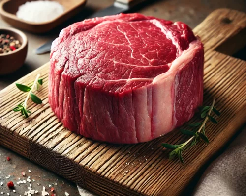 DALL·E 2025-03-04 10.51.15 - A high-quality photograph of a raw Eye of Round Roast on a wooden cutting board. The beef cut is fresh, with a deep red color a